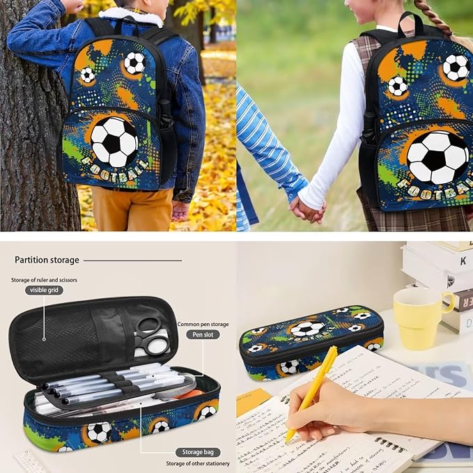 Back to School Gift 4pcs Soccer Backpack Full Set, Football Schoolbag With Insulated Lunchbag, Tote Bag, Water Bottle Carrier, Pen Bag - Casual Daypack for Travel/Hiking - Image 4