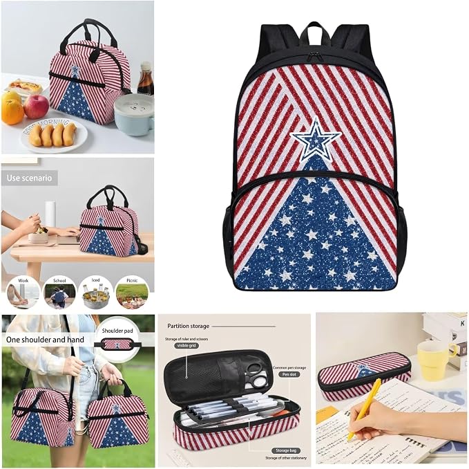 Red American Flag Stripes Stars Backpack Set for Girls Kids Lightweight Cute School Backpack with Lunch Box Pencil Case Adjustable Strap Padded Book Bag Insulated Lunch Bag - Image 4