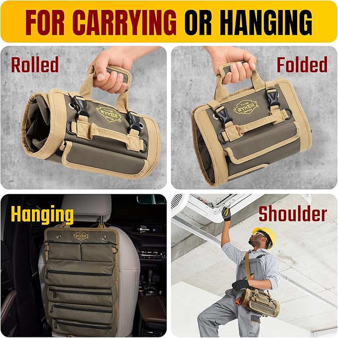 Ryker Original Heavy Duty Tool Roll Up Bag Organizer w/Accessible Pouches | Motorcycle & Truck Accessories Gadgets for Men. Plumbing Tools Kit Pouch Work Tool Bag. Socket Wrench Tool Box Organizer - Image 6