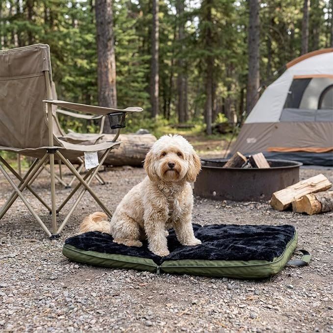 4 Cats & Dogs Gus Travel Bed – Portable Foldable Dog Bed & Pet Cushion Mat with Soft Faux Fur, Water-Resistant Nylon, Zippered Suitcase Design for Camping & Travel- Large (33.5″ x 47.25″), Army - Image 7