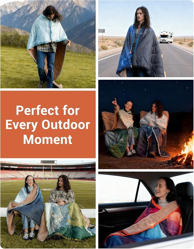 KingCamp Large Camping Blanket with Sherpa Lining, Packable Down Alternative Puffy Printed Wearable Blanket with Snap Buttons, Warm Weatherproof Quilt for Outdoor Travel (79" L x 57" W, Peak) - Image 7
