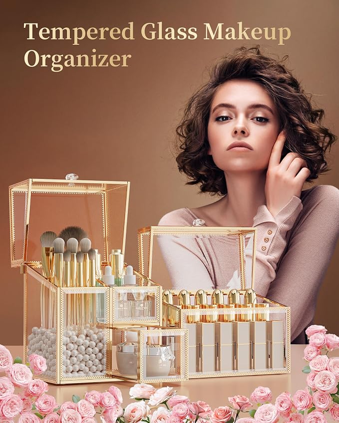 CoralHouse Makeup Brush Organizer – Vanity Organizer with 18-Slot Lipstick Organizer & Makeup Brush Holder with Lid – Skincare, Perfume & Cosmetic Storage for Bathroom or Dresser - Image 3