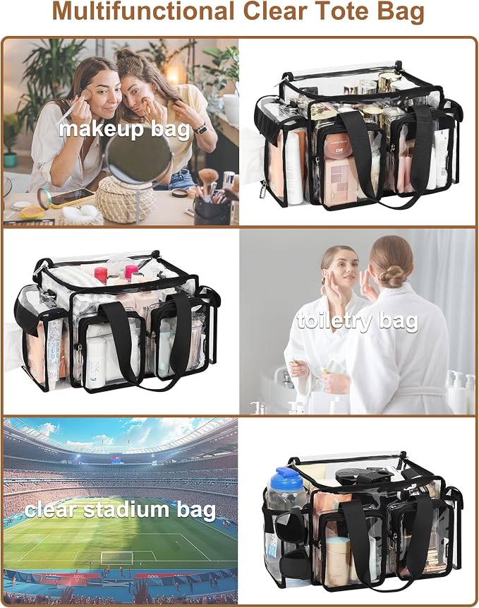 Relavel Clear Makeup Bag Professional Makeup Artist Kit Set Travel Cosmetic Organizer Case Transparent Stadium Approved Tote Bag Toiletry Lunch Duffle Work Shoulder Bag with Adjustable Dividers, Black - Image 7