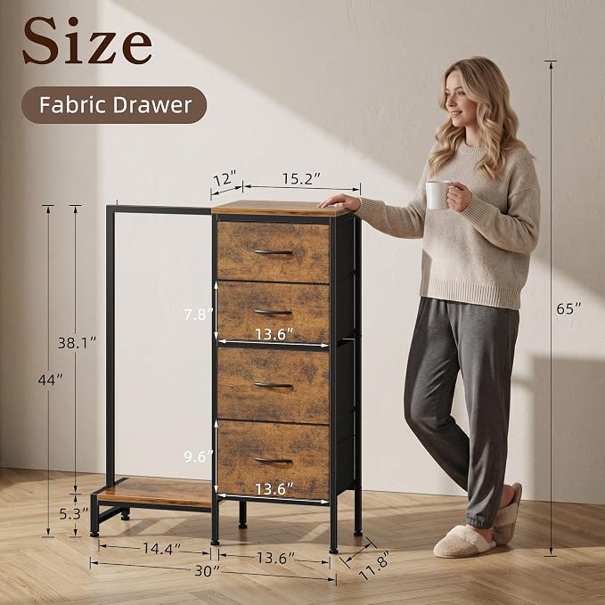 HIGDBFE Tall Dresser 44''H with Hanging Rack, 4 Drawers Small Closet Dresser for Bedroom, Reversible Fabric Chest of Drawers with Clothes Rack, Tall Storage Tower, Sturdy Frame, Rustic Brown - Image 5