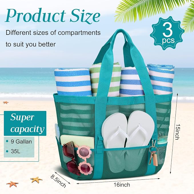 Hillban Large Beach Mesh Bags Bulk for Women Beach Tote Bag with 8 Pocket Zipper Waterproof Sandproof for Pool Cruise Ship - Image 3