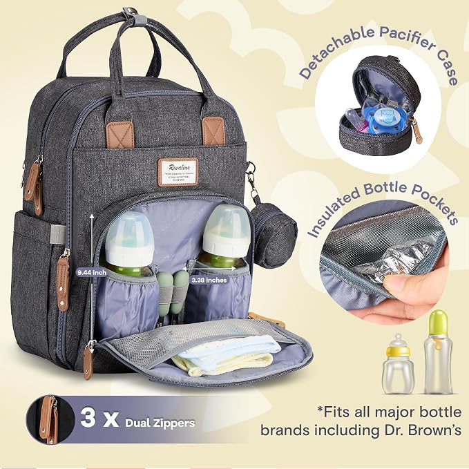 RUVALINO Diaper Bag Backpack - Multifunction Waterproof Travel Backpack, Baby Bag with Changing Pad & Stroller D-Ring & Pacifier Case - Travel Essentials & Baby Registry Search - Unisex, Dark Gray - Image 2