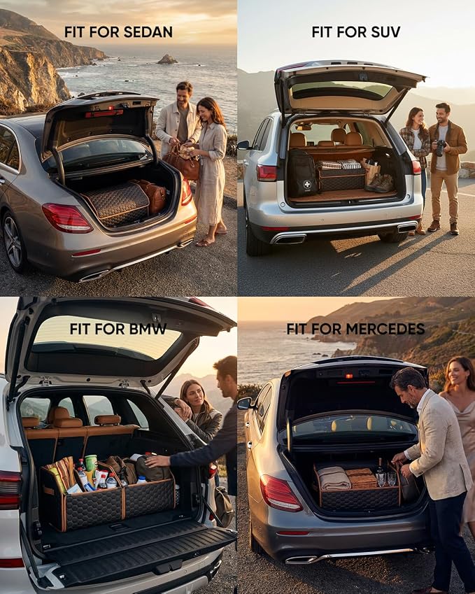Owleys Sedan Trunk Organizer 17.7" Storage Tote For Groceries, Tools & Travel Gear - Foldable Eco-Leather Car Crate With Magnetic Lid | Stylish Presents For Drivers | Black-Brown (Hexy 17) - Image 8