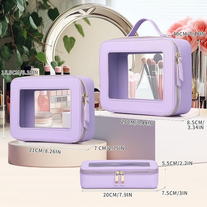 Pinkmik Clear Makeup Bag with Brush Bag 3pcs Waterproof Travel Case for Cosmetics and Toiletries Women's Makeup Organizer with Zipper (X/Purple, L+M+SLIM) - Image 2