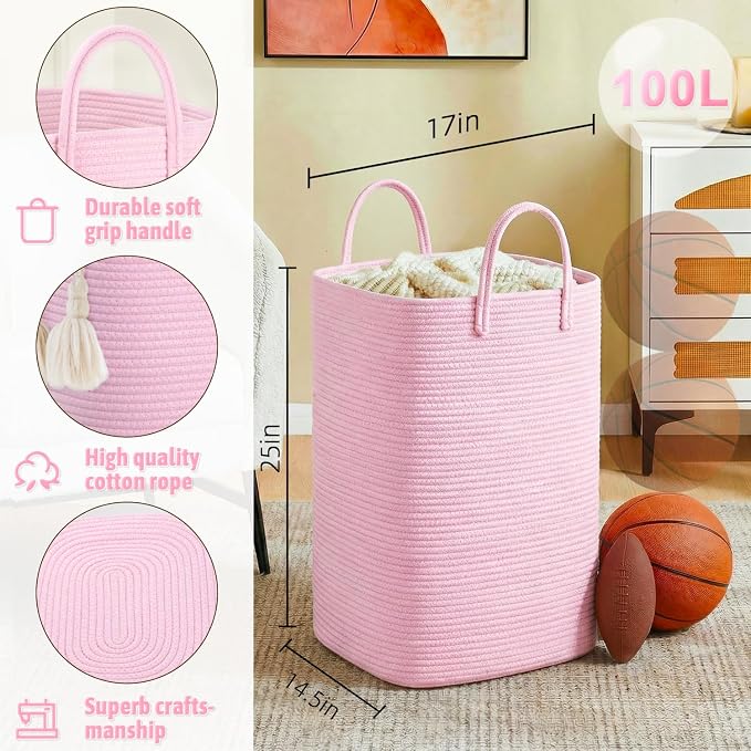 Artfeel Laundry Basket,Woven Cotton Rope Laundry Hamper,100L Versatile Storage for Dirty Clothes,Baby Toys,and Blankets in Bathroom, Nursery,and Living Room - Image 2