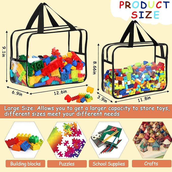 6 Packs Large Toy Storage Bags with Labels, Reusable Clear PVC Board Game Storage, Travel Waterproof Organizer Bags with Zipper for Building Blocks, Puzzle, Kids Books(3 large & 3 Extra Large) - Image 2
