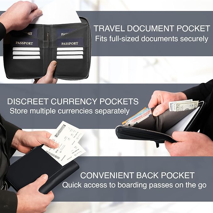 Full Grain Leather Family Passport Holder for 4 Passports - RFID Passport Holder and Travel Document Organizer - Large Leather Travel Wallet for Families - Black - Image 4
