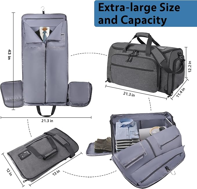 HILOMON Garment Duffle Bags for Travel, YKK Zippers Carry On Convertible Suit Bag with Waterproof Compartment & Shoe Compartment & Shoulder Strap - Image 6