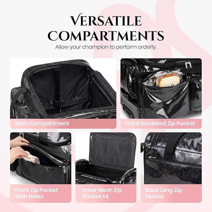 Fanwoli 23" Rolling Dance Duffel Bag with Garment Rack | Detachable 4-Spinner Wheels | Waterproof Glitter Fabric | Competition Travel Luggage for Cheerleader, Skating, Gymnast & Sleepover | Black - Image 6