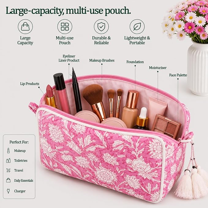 Travel Makeup Bag- Large Capacity Cosmetic Bags for Women - Water Resistance Lining Portable Pouch & Open Toiletry Bag - Perfect Girls Makeup Organizer for Travel Essentials (White & Pink Floral) - Image 2