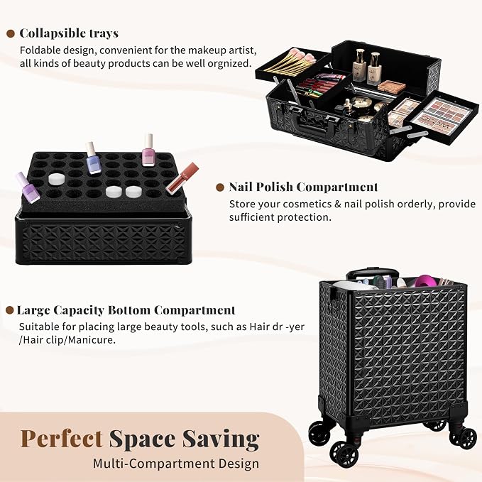 3 in 1 Rolling Makeup Train Case Cosmetology Case on Wheels, Black | Large Cosmetic Trolley Organizer with Keys Salon Barber Case Traveling Cart Trunk for Artist Hairstylists Nail Tech - Image 6
