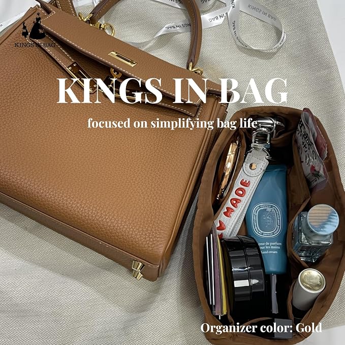 Women's Purse Organizer Insert - Satin & Lightweight Fabric with Inside Pockets, Portable for Commute, Travel, Shopping, and Evening, Multicolor Options, Fits for Kelly 25(Gold, KL25 Sellier) - Image 2
