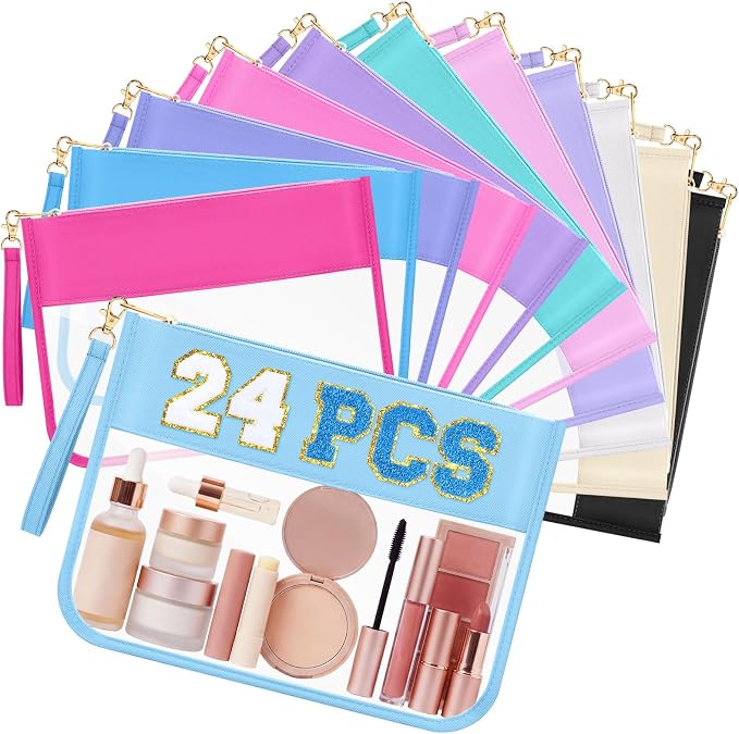 Sweetude 24 Pcs Clear Makeup Bags with Wristlet Pouch DIY Chenille Letter Bag Bulk Waterproof Toiletry Flat Preppy Nylon Clear Zipper Pouches Snack Organizer for Women(Vibrant Color) by Sweetude