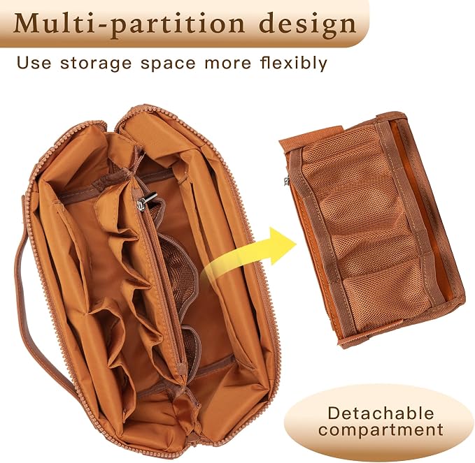 Minoisome Travel Makeup Bag,PU leather toiletry bag,make up organizer case for women,Large Capacity Cosmetic Bag,Wide-open Pouch Purse，Toiletries Accessories，Fold-Down Design and Adjustable Dividers. - Image 4