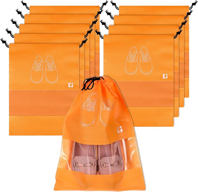Kuber Industries Pack of 10 Shoe Bags | Shoe Bags for Travel | Non-Woven Shoe Storage Bags | Storage Organizers Set | Shoe Cover with Transparent Window | Shoe Dori Cover | Orange by Kuber+Industries
