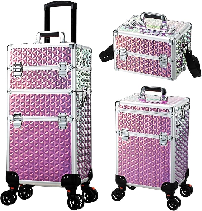 Rolling Makeup Train Case, 3-in-1 Makeup Trolley, Cosmetology Case on Wheels, Travel Makeup Organizer Case for Salon Barber Cosmetology Students, Nail Technicians, Hairstylists, and MUAs, Shiny Pink by Yueieoun