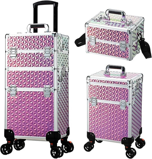 Rolling Makeup Train Case, 3-in-1 Makeup Trolley, Cosmetology Case on Wheels, Travel Makeup Organizer Case for Salon Barber Cosmetology Students, Nail Technicians, Hairstylists, and MUAs, Shiny Pink by Yueieoun
