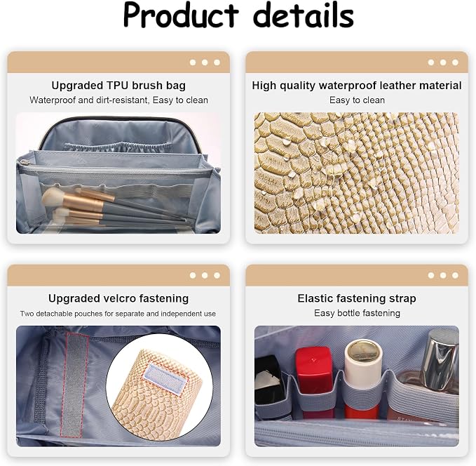 BOYATU Travel Makeup Bags for Women: 3 Pcs Set Wide Open Cosmetic Bag - Portable Make up Bags with Handle - Vegan Leather Toiletry Organizer Bag with Divider (G-04-Beige) - Image 5