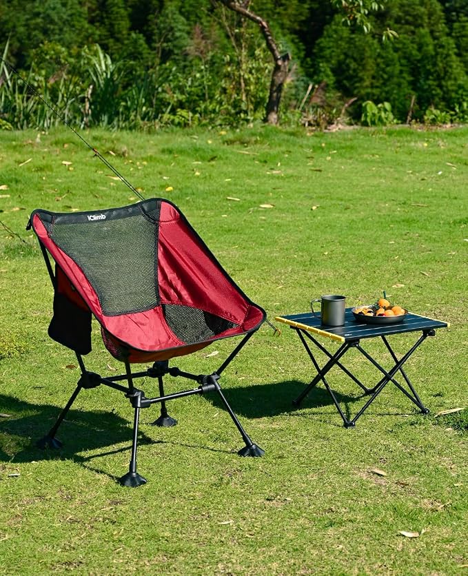 iClimb Ultralight Compact Camping Folding Beach Chair with Anti-Sinking Large Feet and Back Support Webbing (Red - Square Frame) - Image 2