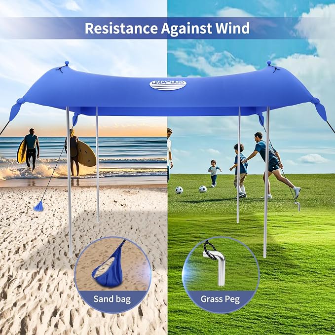 UMARDOO Family Beach Tent Canopy Sun Shade Portable 10×10FT, Large Wind Resistance Beach Sun Shelter Easy Setup with Packable Carry Bag for Outdoor Travel UPF 50+ (Blue) - Image 5