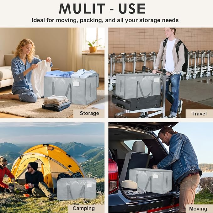 4 Pack-Extra Large Heavy Duty Moving Bags - Waterproof Storage Totes with Handles & Zippers, Foldable for College Dorm, Storage (light gray) - Image 7