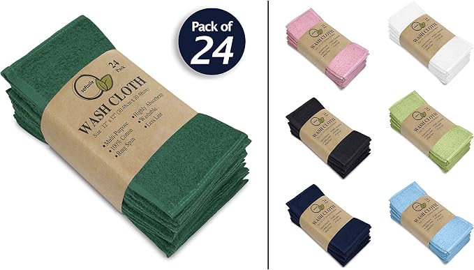 100% Cotton Washcloths 24 Pack (12x12 Inches) Soft, Highly Absorbent Washcloth, Face Towels, Wash Cloths for Face, Ring Spun, Bulk Pack (Dark Green) - Image 2