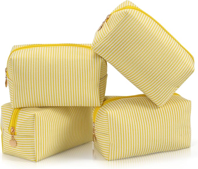 Makeup Bag Set for Women, 4PCS Travel Cosmetic Bags Pencil Case, Striped Seersucker Toiletry Organizer Pouches, Cute Makeup Pouch for Purse, Accessories and Gifts, Yellow by Unknown