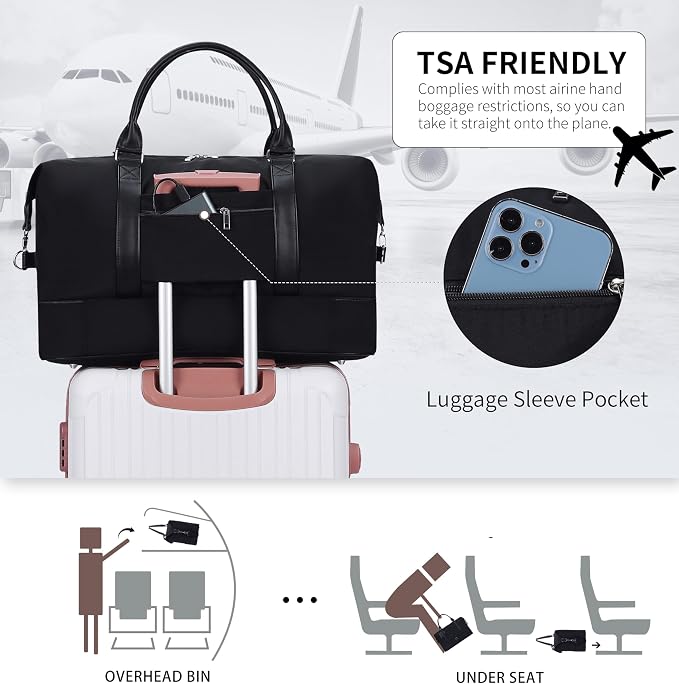 Oeihuivt Weekender Bags for Women - 21 Inch Large Travel Duffel Bag 2-Piece Set with Shoe Compartment, Heavy-Duty nylon & Leather Carry On Overnight Tote (Airplane Approved) - Image 7