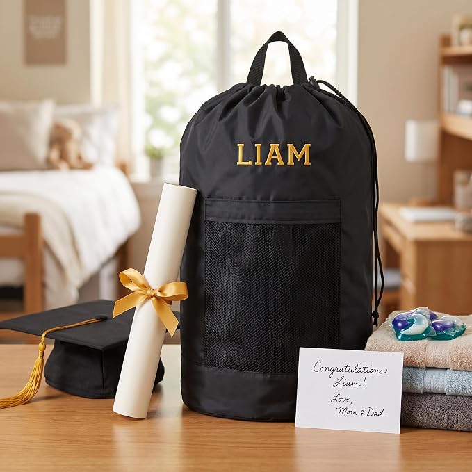 Personalized Laundry Bag Heavy Duty Custom Graduation University XL Bag Backpack with Hanging Shoulder Strap & Mesh Pocket - Back to School College Graduation Gift - Choose Your Font & Thread Color - Image 7