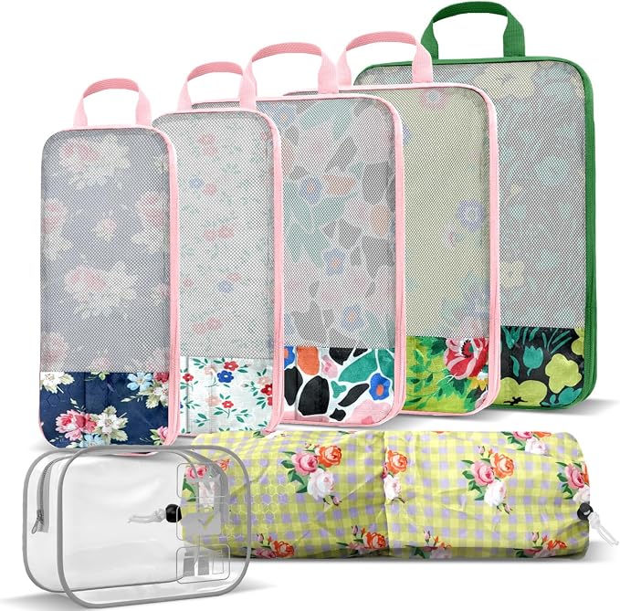 7 Piece Travel Compression Packing Cubes - Gingham Floral | Foldable Toiletry Kit, Efficient Suitcase Packing, Carry-On Compatible Travel Essentials with Lovely Flower Print, Green - Image 2