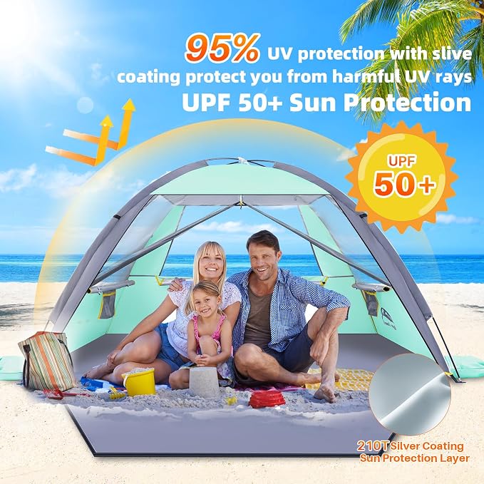 Happy Travel Beach Tent, UPF 50+ UV Protection Sun Shade Shelter for 3/4/5/6/7/8 Person, Portable Beach Canopy for Family & Baby, Lightweight & Easy Setup Beach Cabana with 3 Ventilation Mesh Windows - Image 4