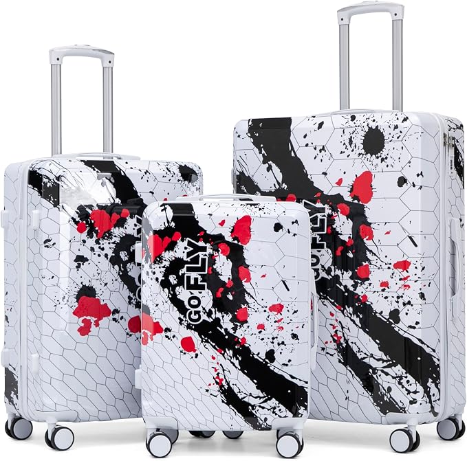 Hardside Luggage Sets, Lightweight Stripes Suitcase with Spinner Wheels, Black-PC by Merax