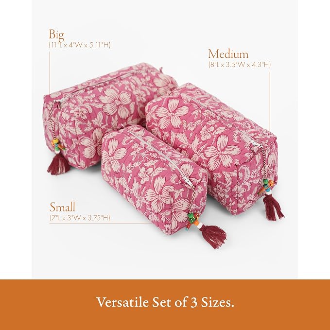 Saffron Marigold Quilted Makeup Bag Set of 3, Hand Block Printed Cotton Cosmetic Bags for Women, Waterproof Lined Travel Toiletry Bag, Coquette Floral Aesthetic, Handmade Gift, Mauve Mist Oleander - Image 3