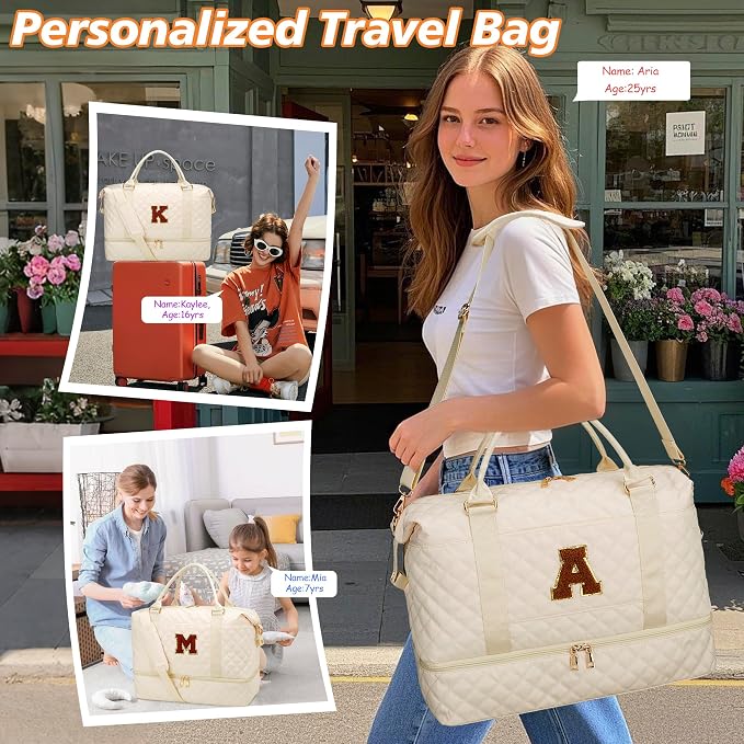 Gifts for Women Initial Travel Duffle Bag Quilted Weekender Bags Carry-On Overnight with Cosmetic Bag, Gym Bag with Shoe Compartment Hospital Bag for Women Labor Delivery, Beige-M - Image 4