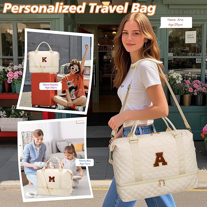 Gifts for Women Initial Travel Duffle Bag Quilted Weekender Bags Carry-On Overnight with Cosmetic Bag, Gym Bag with Shoe Compartment Hospital Bag for Women Labor Delivery, Beige-R - Image 4