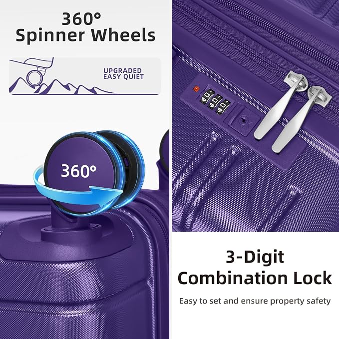6 Piece Luggage Set Hard Shell - Grape Purple Expandable Suitcases with Spinner Wheels and Duffel Bags for Family Travel, Durable Carry On Luggage Sets with Lock for Women and Girls - Image 3