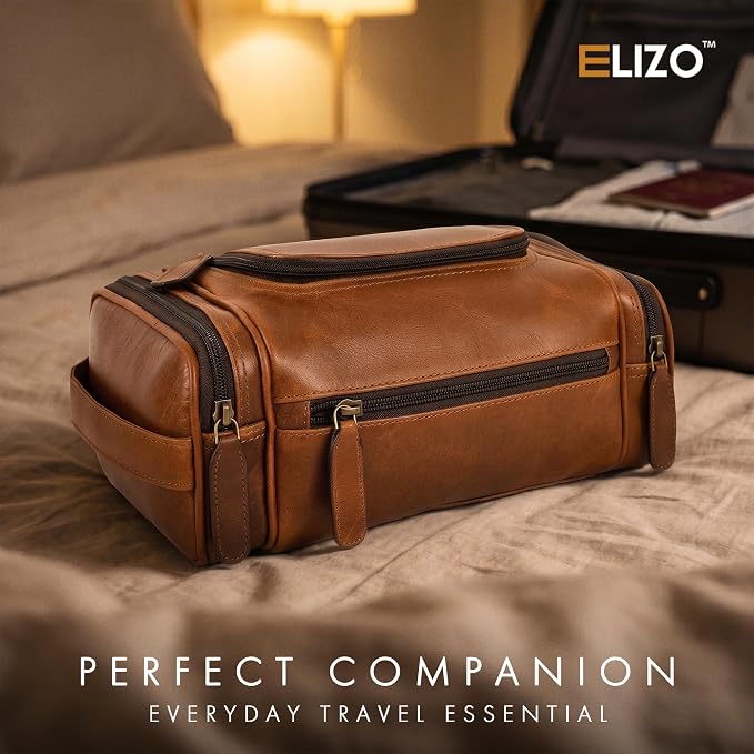 ELIZO Real Leather Toiletry Bag for Men - Large Hanging Travel Organizer for Toiletries, Ideal for Dopp Kit & Shaving Kit for Men, Essential Mens Travel Toiletry Bag for Toiletries (Cognac) - Image 5