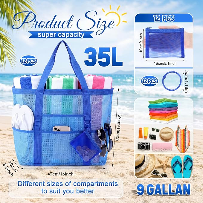 Hillban Large Mesh Beach Bag Bulk for Women Waterproof Sandproof Pool Tote Bag with 8 Pocket Small Zipper Pouch with Ring - Image 2