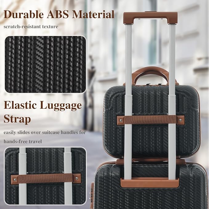Black Brown 6 Piece Luggage Set Hard Shell - Lightweight Checked Suitcases with Spinner Wheels and Cosmetic Cases for Family Travel, Durable Carry On Luggage Sets with Lock for Women and Men - Image 3