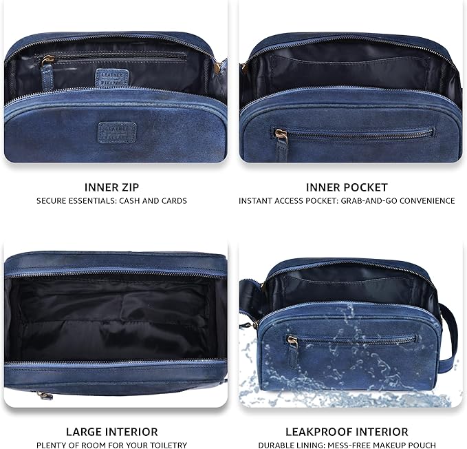 LEATHER VILLAGE Genuine Leather Toiletry Travel Bag With Waterproof Lining - Blue | King-Size Handcrafted Vintage Dopp Kit Bag, Shaving & Bathroom Organizer, Gift for Men & Women - Image 3