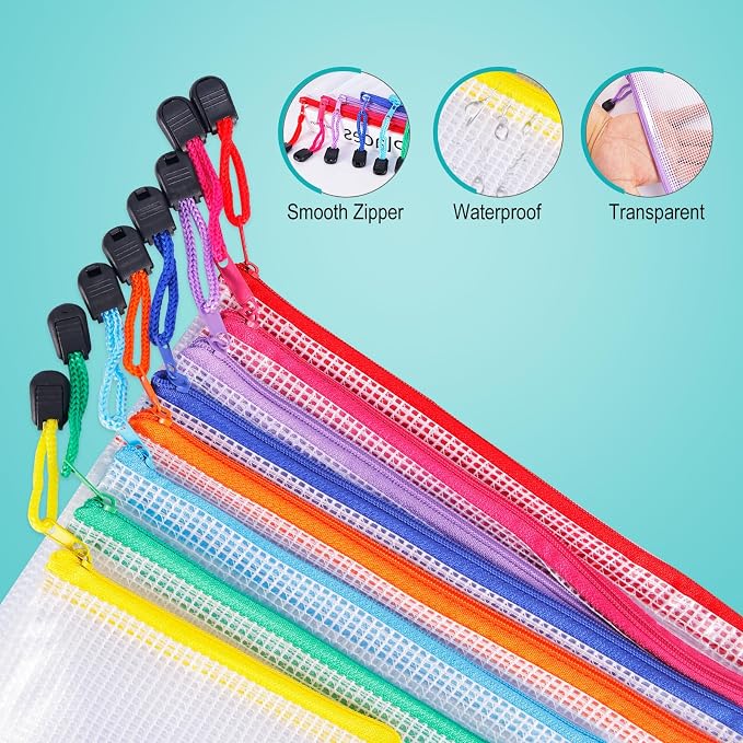 64pcs A4 Mesh Zipper Pouch Bags, Mesh Bags with Zipper Bulk, Pouches for Organization, Clear Storage Bags for Classroom, Travel, Office, Board Game - Image 3