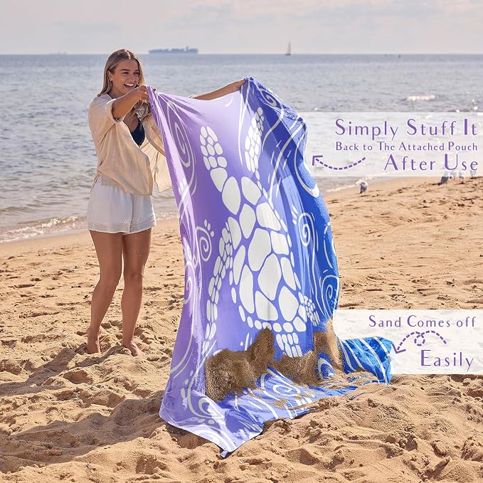 WEKAPO Beach Blanket Waterproof Sandproof Oversized Extra Large Sand Free Beach Mat with Stakes, Storage Bag - Essentials for Outdoor Beach, Picnic (Blue Purple Sea Turtle, 11 X 9 FT (1~10 Person)) - Image 5