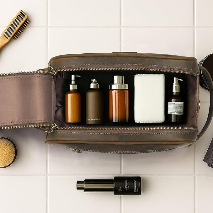 Rasavi Genuine Leather Travel Toiletry Bag, Handcrafted Vintage Water-Resistance Dopp Kit, Large Shaving & Bathroom Organizer - Gift for Men & Women - Rustic Town - Image 7