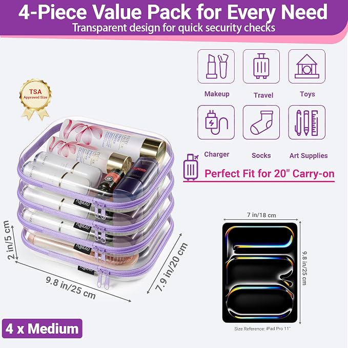 YQBRAO 4-Pack Clear Diaper Bag Organizer Pouches, 1.2mm Ultra-Thick PET Travel Pouches for Toiletries & Makeup, Rigid Self-Standing Bags with YKK Zippers, TSA Approved (Purple) - Image 4