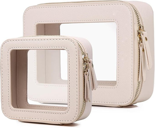 Pinkmik Clear Makeup Bag Waterproof Travel Case for Cosmetics and Toiletries Women's Purse Organizer and Clear Car Bag with Zipper (Beige, M+MINI) by Pinkmik