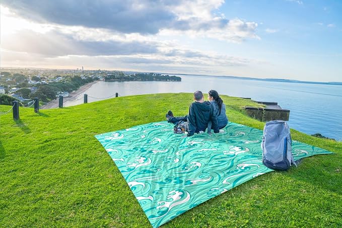 WEKAPO Beach Blanket Waterproof Sandproof Oversized Extra Large Sand Free Beach Mat with Stakes, Storage Bag - Essentials for Outdoor Beach, Picnic (Turquoise Ocean Waves, 11 X 9 FT (1~10 Person)) - Image 8